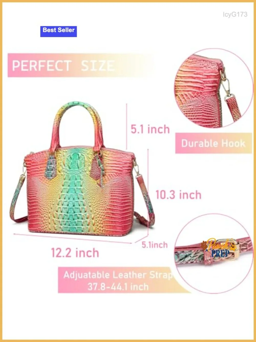 Vegan Leather Embossed Croc Satchel Tote with Adjustable Strap